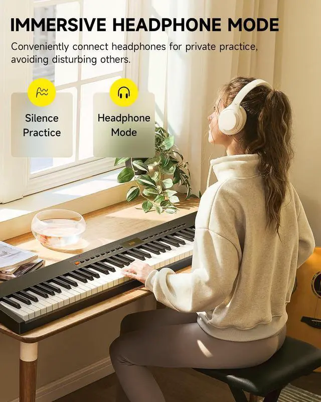 Alt view image 4 of 7 - DEP-05 Digital Piano 88 Key Semi Weighted Velocity-Sensitive Keyboard, Portable Electric Piano Keyboard Set with Detachable X-shaped Stand Pedal Stickers, Gifts for Beginners Women Girls, Black