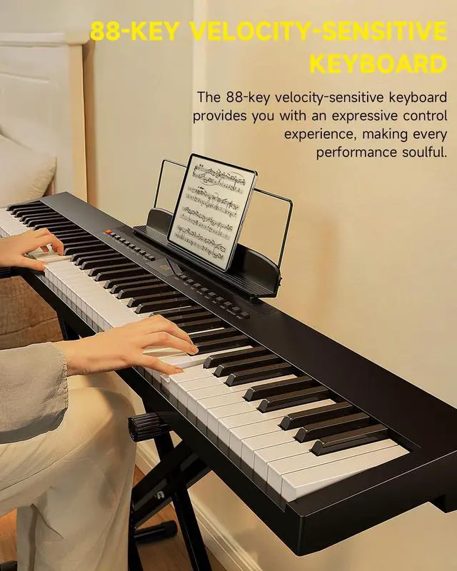Alt view image 5 of 7 - DEP-05 Digital Piano 88 Key Semi Weighted Velocity-Sensitive Keyboard, Portable Electric Piano Keyboard Set with Detachable X-shaped Stand Pedal Stickers, Gifts for Beginners Women Girls, Black