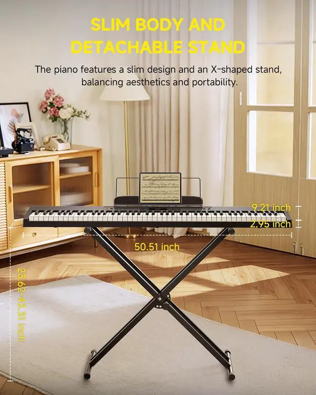 Alt view image 6 of 7 - DEP-05 Digital Piano 88 Key Semi Weighted Velocity-Sensitive Keyboard, Portable Electric Piano Keyboard Set with Detachable X-shaped Stand Pedal Stickers, Gifts for Beginners Women Girls, Black