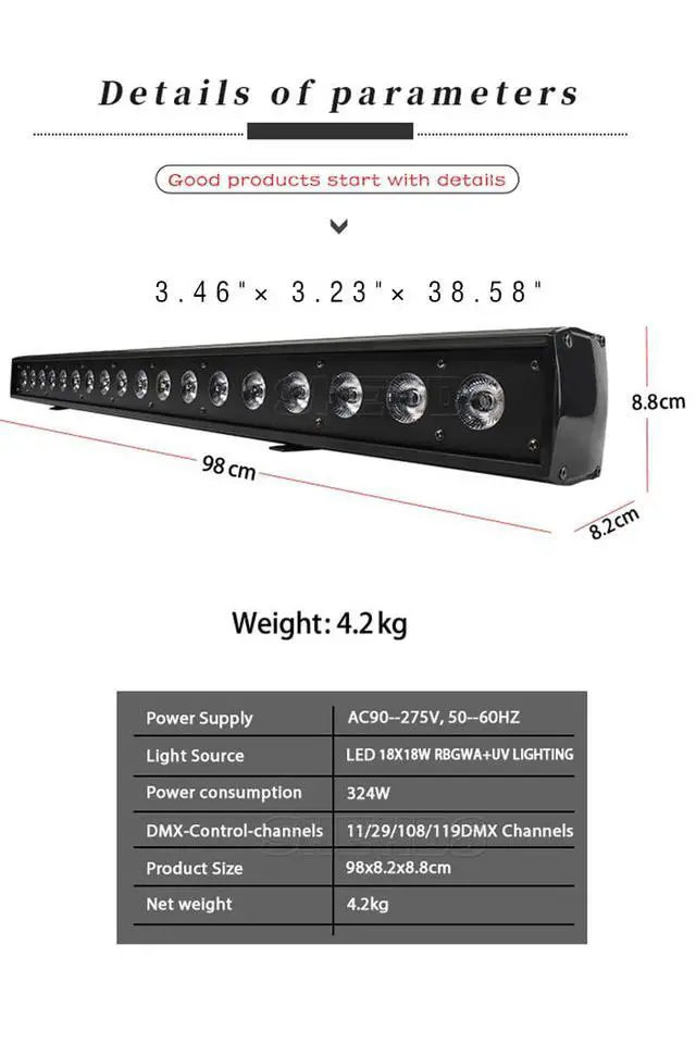 Alt view image 7 of 7 - 18x18W LED Stage Wash Lights Bar/Strip, RGBWAP Wall Wash Lights | Strobe Effect DMX512 Control for Christmas Night Club Disco Club Wedding Bar