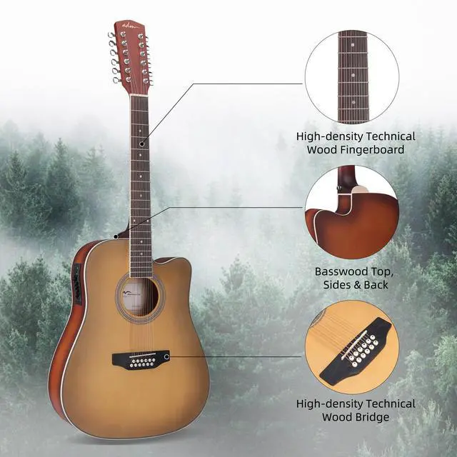 Alt view image 3 of 7 - Advanced 12 String Acoustic Electric Guitar, Full Size 42" Twelve String Guitar Bundle 4-Band EQ Electroacoustic Set Beginner Intermediate Adults, Bag, Picks, Capo, Cable, Strap (Brown, 42 Inch)