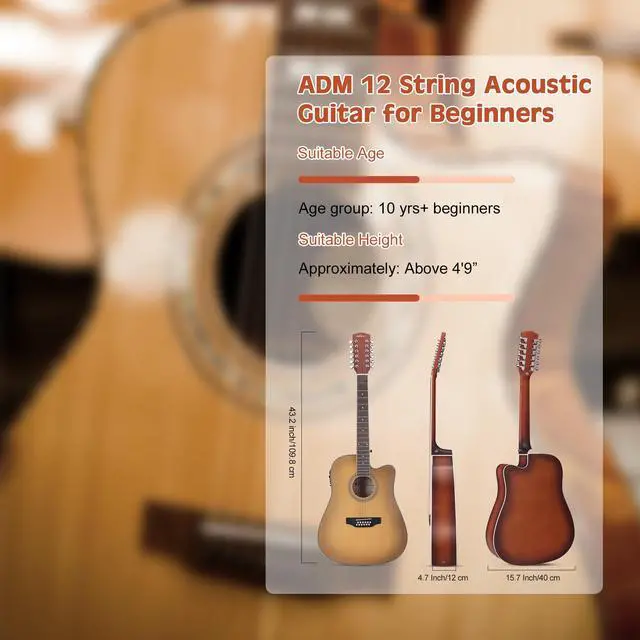 Alt view image 6 of 7 - Advanced 12 String Acoustic Electric Guitar, Full Size 42" Twelve String Guitar Bundle 4-Band EQ Electroacoustic Set Beginner Intermediate Adults, Bag, Picks, Capo, Cable, Strap (Brown, 42 Inch)