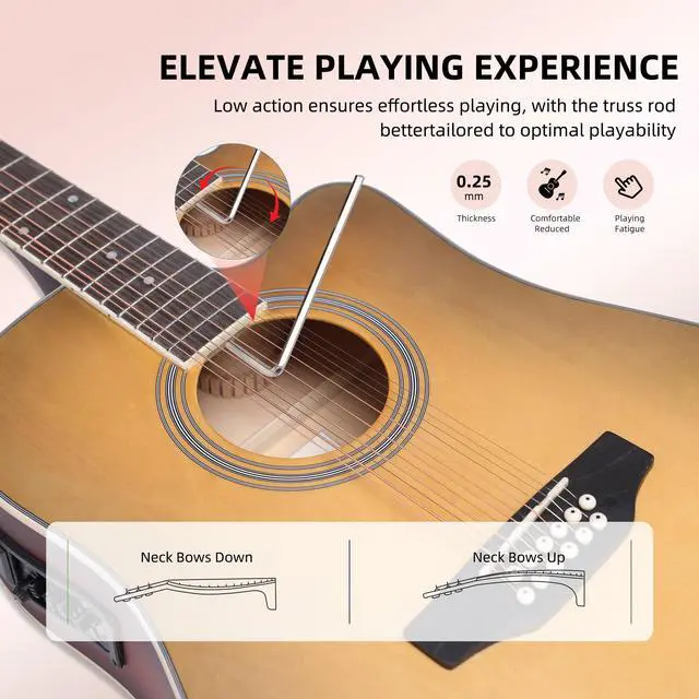 Alt view image 7 of 7 - Advanced 12 String Acoustic Electric Guitar, Full Size 42" Twelve String Guitar Bundle 4-Band EQ Electroacoustic Set Beginner Intermediate Adults, Bag, Picks, Capo, Cable, Strap (Brown, 42 Inch)