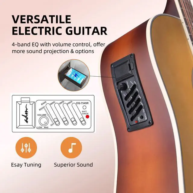 Alt view image 5 of 7 - Advanced 12 String Acoustic Electric Guitar, Full Size 42" Twelve String Guitar Bundle 4-Band EQ Electroacoustic Set Beginner Intermediate Adults, Bag, Picks, Capo, Cable, Strap (Brown, 42 Inch)