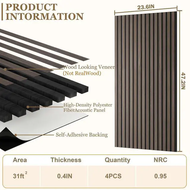 Alt view image 2 of 7 - 4-Pack Wood Veneer Acoustic Wall Panels Decorative Acoustical Panel | 47.2"×23.6" Self-Adhesive Backing Sound Absorbing Panels for Walls Decor, Office, Recording Studio, Home (Dark Walnut Veneer)