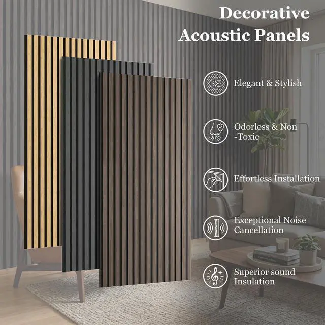 Alt view image 5 of 7 - 4-Pack Wood Veneer Acoustic Wall Panels Decorative Acoustical Panel | 47.2"×23.6" Self-Adhesive Backing Sound Absorbing Panels for Walls Decor, Office, Recording Studio, Home (Dark Walnut Veneer)