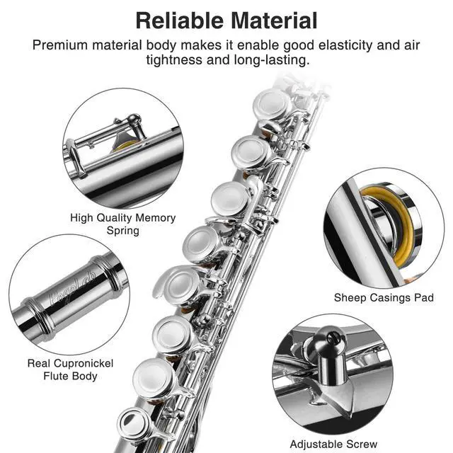 Alt view image 2 of 7 - Closed Hole C 16 Keys Flute for Student Beginner, Flute Instrument with Cleaning Kit, Carry Bag, Strap, Probe Rod, Gloves (Nickel)