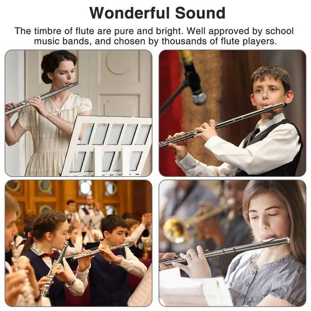 Alt view image 6 of 7 - Closed Hole C 16 Keys Flute for Student Beginner, Flute Instrument with Cleaning Kit, Carry Bag, Strap, Probe Rod, Gloves (Nickel)