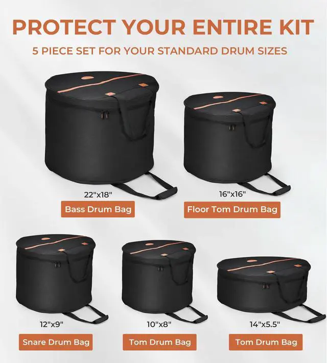 Alt view image 2 of 7 - 5-Piece Drum Bag Set for 10" Tom, 12" Tom, 14" Snare, 16" Floor, 22" Bass, Travel Drum Cases Thick Padding for Drumset Protection for Standard Kits