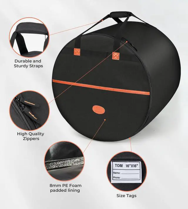Alt view image 3 of 7 - 5-Piece Drum Bag Set for 10" Tom, 12" Tom, 14" Snare, 16" Floor, 22" Bass, Travel Drum Cases Thick Padding for Drumset Protection for Standard Kits