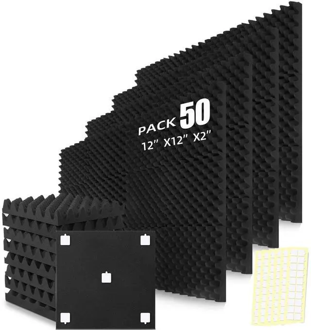 Main image of 50 Pack Acoustic Foam Panels, 12"x12"x2" Egg Crate Sound Proof Foam | Sound Absorbing Panels for Studio, Home Theater, Office, Bedroom, Noise Cancelling Wall Panels, Black