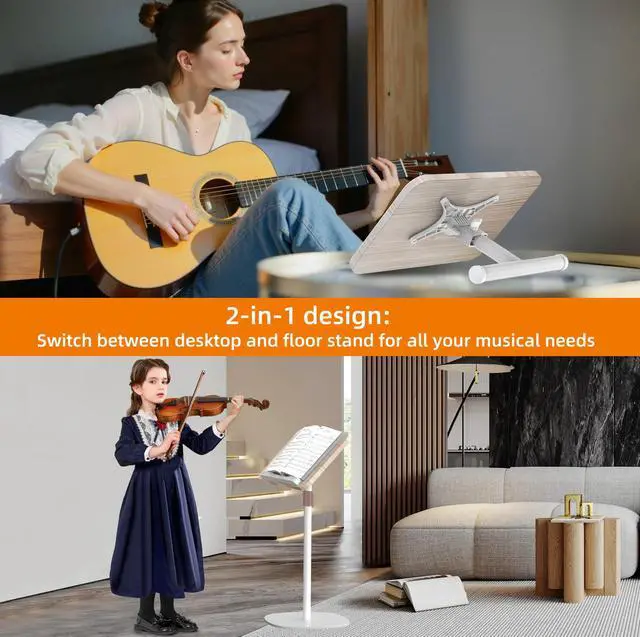 Alt view image 2 of 6 - 2-in-1 Dual-Use Music Stand & Tabletop Stand, 16.5"51" Height Adjustable | Heavy Duty Wooden Music Stand for Sheet Music with Adjustable Tilting Angle, Page Holders, Ideal for Violin & Guitar (White)