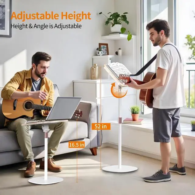 Alt view image 3 of 6 - 2-in-1 Dual-Use Music Stand & Tabletop Stand, 16.5"51" Height Adjustable | Heavy Duty Wooden Music Stand for Sheet Music with Adjustable Tilting Angle, Page Holders, Ideal for Violin & Guitar (White)