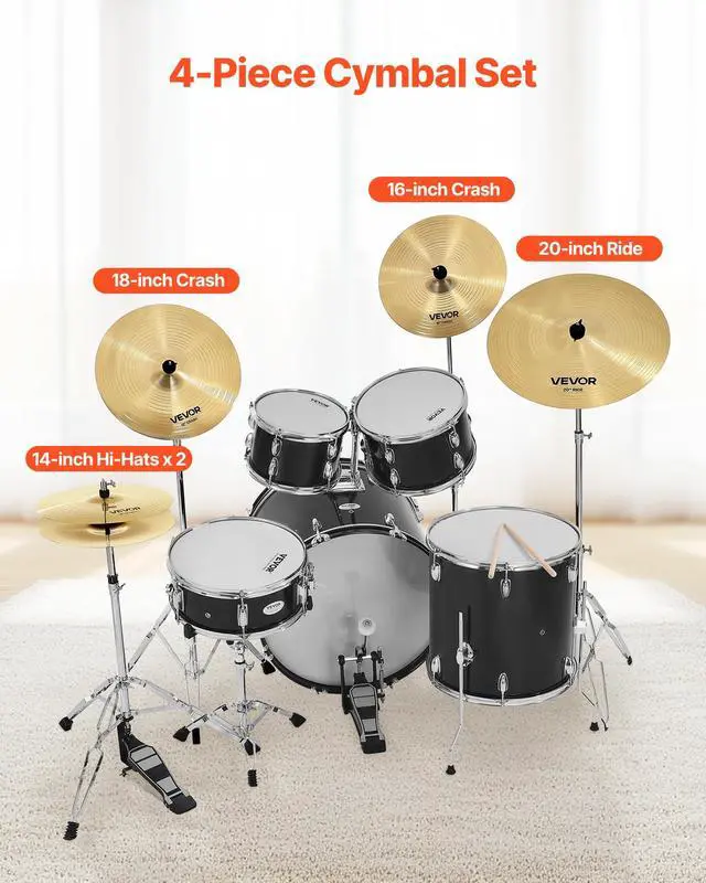 Alt view image 2 of 4 - Cymbal Pack, 5 Pieces Cymbals for Drum Set, Alloy Cymbals Drum Set Includes 14-inch Hi-Hats, 16-inch Crash, 18-inch Crash, 20-inch Ride, Drumsticks & Cymbal Bag, Alloy Cymbal Pack for Drummer
