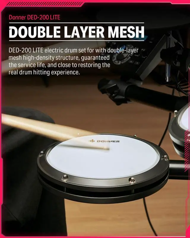 Alt view image 2 of 7 - Electric Drums, DED-200 LITE Electronic Drum Kit for Beginner with 450+ Sounds, USB MIDI, Quiet Mesh Pads, Throne, Headphones, Sticks and 40 Melodics Lessons