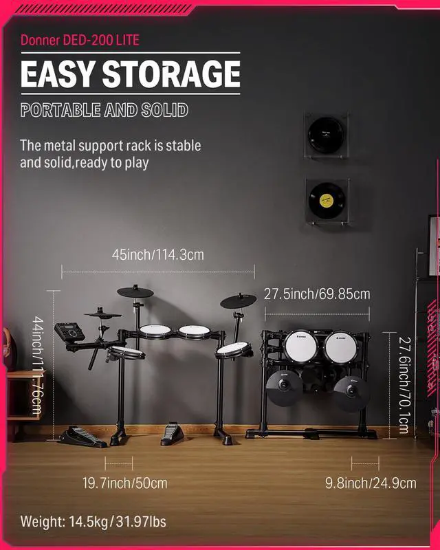 Alt view image 5 of 7 - Electric Drums, DED-200 LITE Electronic Drum Kit for Beginner with 450+ Sounds, USB MIDI, Quiet Mesh Pads, Throne, Headphones, Sticks and 40 Melodics Lessons