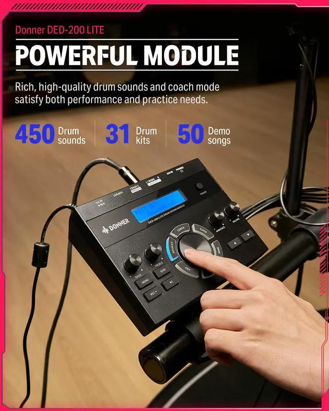 Alt view image 3 of 7 - Electric Drums, DED-200 LITE Electronic Drum Kit for Beginner with 450+ Sounds, USB MIDI, Quiet Mesh Pads, Throne, Headphones, Sticks and 40 Melodics Lessons