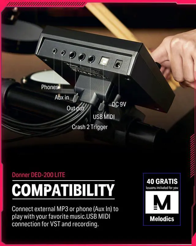 Alt view image 4 of 7 - Electric Drums, DED-200 LITE Electronic Drum Kit for Beginner with 450+ Sounds, USB MIDI, Quiet Mesh Pads, Throne, Headphones, Sticks and 40 Melodics Lessons