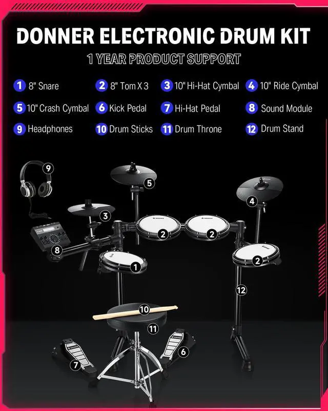 Alt view image 6 of 7 - Electric Drums, DED-200 LITE Electronic Drum Kit for Beginner with 450+ Sounds, USB MIDI, Quiet Mesh Pads, Throne, Headphones, Sticks and 40 Melodics Lessons