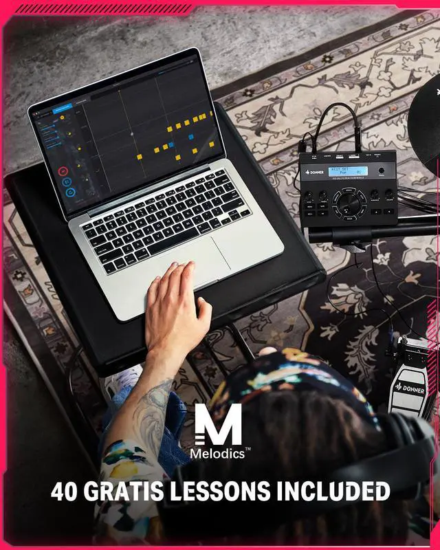 Alt view image 7 of 7 - Electric Drums, DED-200 LITE Electronic Drum Kit for Beginner with 450+ Sounds, USB MIDI, Quiet Mesh Pads, Throne, Headphones, Sticks and 40 Melodics Lessons