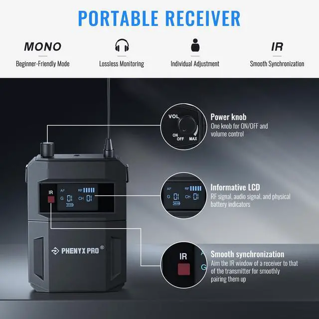 Alt view image 3 of 6 - UHF Mono Dual Wireless in-Ear Monitor System, Metal Wireless IEM System, Sturdy Bodypack Receiver, 2x50 Frequencies, Separate Outputs,164ft Operation, Suitable for Band and Studio (PTM-22)