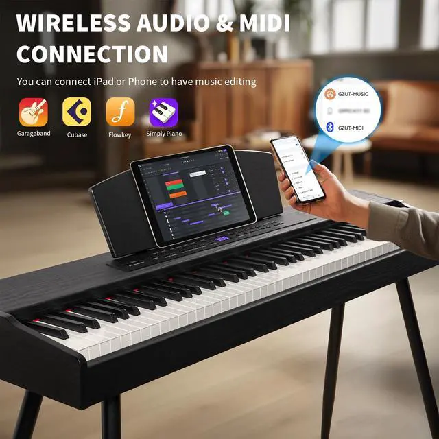 Alt view image 6 of 7 - Digital Piano 88 Key Hammer Weighted Keyboard, Compact Beginner Home Electric Piano with LCD Display & Triple Pedal, Supports USB-MIDI/Wireless Connect, Black