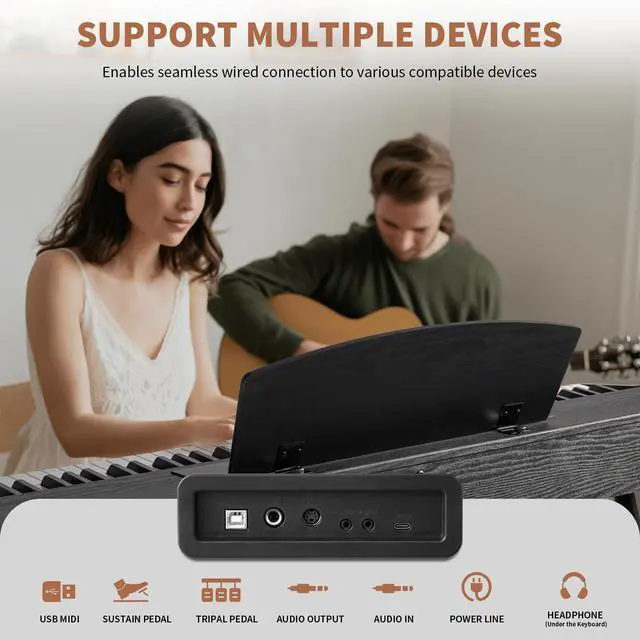 Alt view image 7 of 7 - Digital Piano 88 Key Hammer Weighted Keyboard, Compact Beginner Home Electric Piano with LCD Display & Triple Pedal, Supports USB-MIDI/Wireless Connect, Black