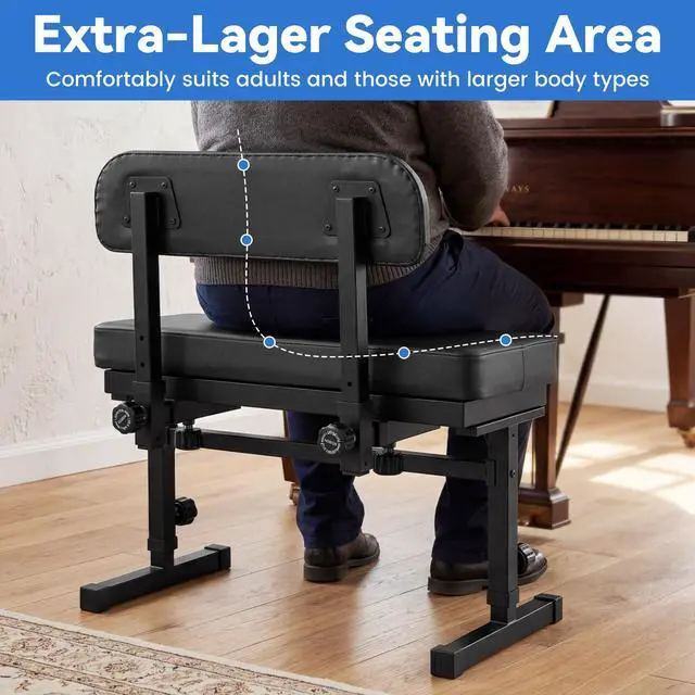 Alt view image 4 of 7 - Extra Wide Duet Piano Bench with Storage, Large Seat for 2 or 1 Plus-Size Player, Adjustable Height Piano Stool with Backrest Cushion, Sheet Music Compartment, for Keyboard, Guitar, Musicians
