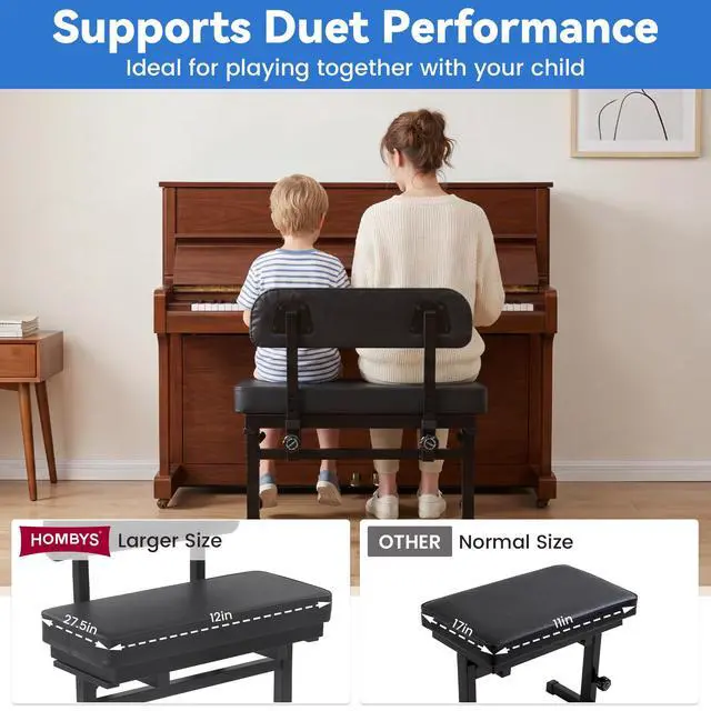 Alt view image 3 of 7 - Extra Wide Duet Piano Bench with Storage, Large Seat for 2 or 1 Plus-Size Player, Adjustable Height Piano Stool with Backrest Cushion, Sheet Music Compartment, for Keyboard, Guitar, Musicians