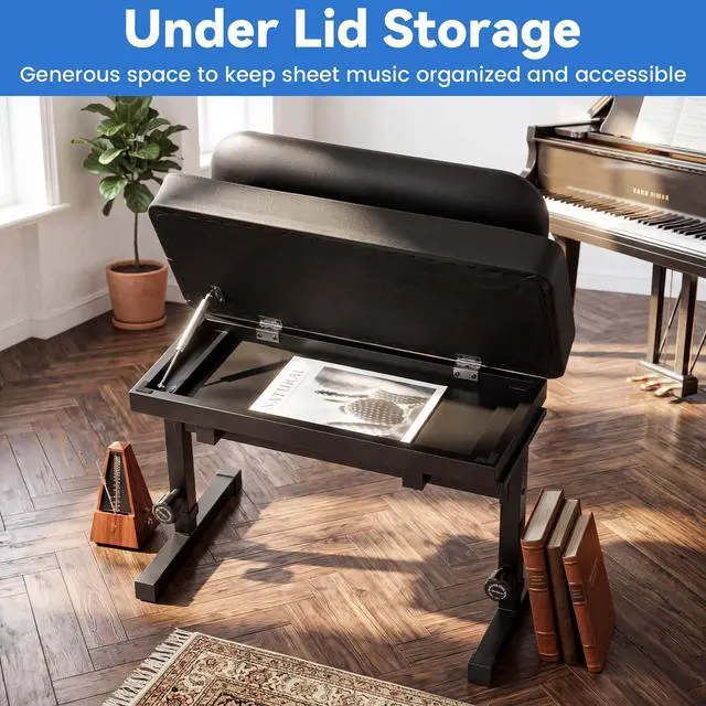 Alt view image 6 of 7 - Extra Wide Duet Piano Bench with Storage, Large Seat for 2 or 1 Plus-Size Player, Adjustable Height Piano Stool with Backrest Cushion, Sheet Music Compartment, for Keyboard, Guitar, Musicians