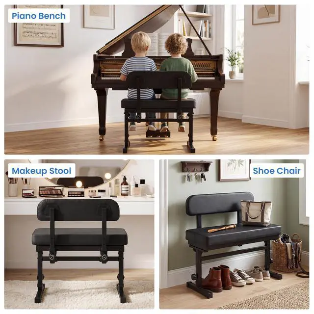 Alt view image 7 of 7 - Extra Wide Duet Piano Bench with Storage, Large Seat for 2 or 1 Plus-Size Player, Adjustable Height Piano Stool with Backrest Cushion, Sheet Music Compartment, for Keyboard, Guitar, Musicians
