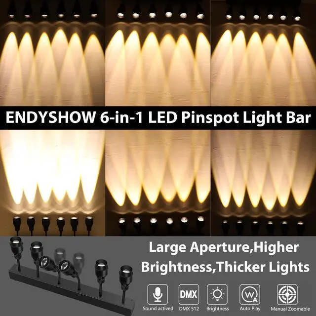 Alt view image 2 of 7 - Pinspot Light Bar,6PC LED Pinspot Stage Lights Disco Ball Manual Zoom(15-60 Degree) 3200K Dimmable Warm White DMX Sound Activated Lights for Party Activities Live Show Concert Church Wedding
