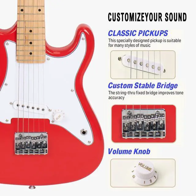 Alt view image 2 of 6 - 32 Inch Kids Electric Guitar Beginner Kit, Junior Size Mini Electric Guitar for Children with 5W Amplifier and Guitar bag, Unisex Red