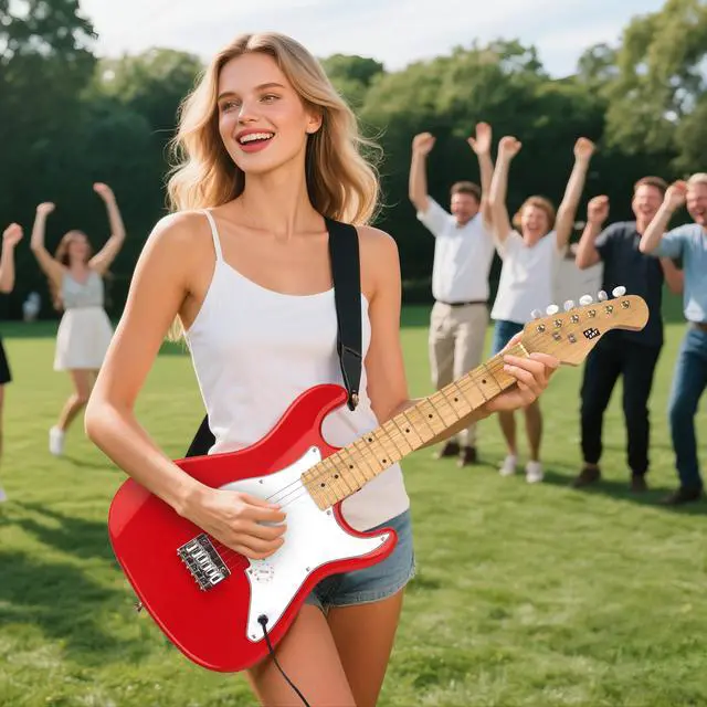 Alt view image 6 of 6 - 32 Inch Kids Electric Guitar Beginner Kit, Junior Size Mini Electric Guitar for Children with 5W Amplifier and Guitar bag, Unisex Red