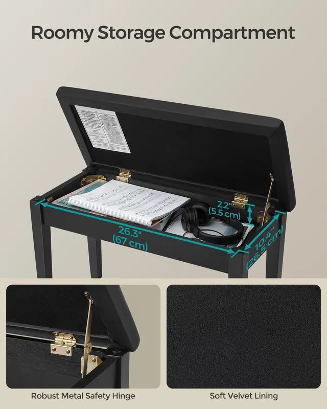 Alt view image 6 of 7 - Duet Piano Bench with Padded Cushion and Storage Compartment, Piano Chair Seat, 13.4 x 29.1 x 19.7 Inches, Ink Black ULPB75BK