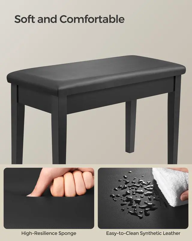 Alt view image 7 of 7 - Duet Piano Bench with Padded Cushion and Storage Compartment, Piano Chair Seat, 13.4 x 29.1 x 19.7 Inches, Ink Black ULPB75BK