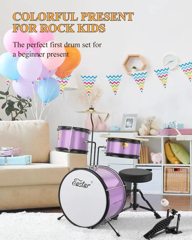 Alt view image 2 of 6 - Drum Set 14 inch for Beginners,3 Piece Junior Drum Kit with Bass Tom Snare Drum,Adjustable Throne, Cymbal, Pedal & Two Pairs of Drumsticks, Metallic Purple