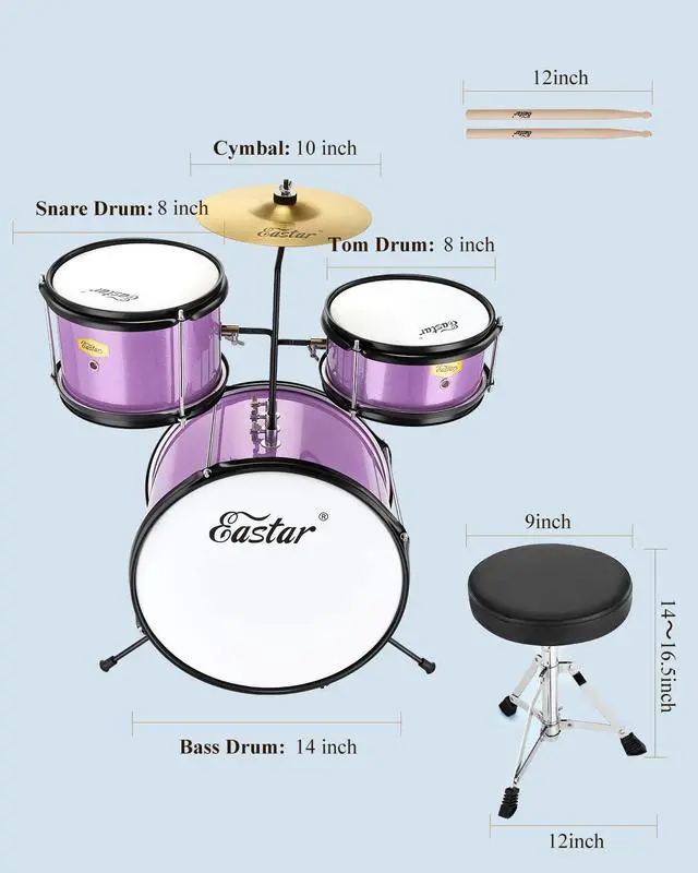 Alt view image 3 of 6 - Drum Set 14 inch for Beginners,3 Piece Junior Drum Kit with Bass Tom Snare Drum,Adjustable Throne, Cymbal, Pedal & Two Pairs of Drumsticks, Metallic Purple