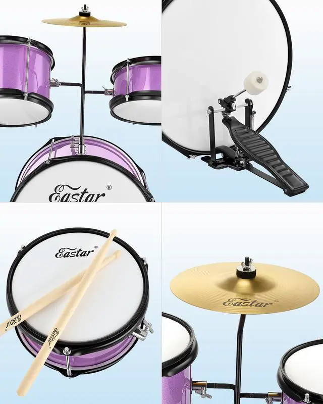 Alt view image 4 of 6 - Drum Set 14 inch for Beginners,3 Piece Junior Drum Kit with Bass Tom Snare Drum,Adjustable Throne, Cymbal, Pedal & Two Pairs of Drumsticks, Metallic Purple