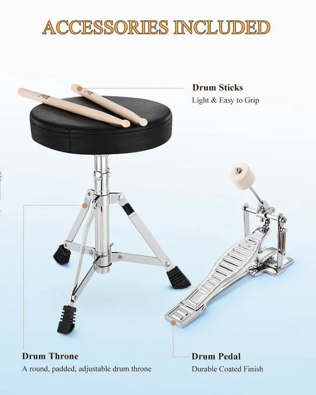 Alt view image 6 of 6 - Kids Drum Set 3-Piece for Beginners, 14 inch Drum Kit with Adjustable Throne, Cymbal, Pedal & Two Pairs of Drumsticks, Junior Drum Set with Bass Tom Snare Drum, Metallic Sky Blue