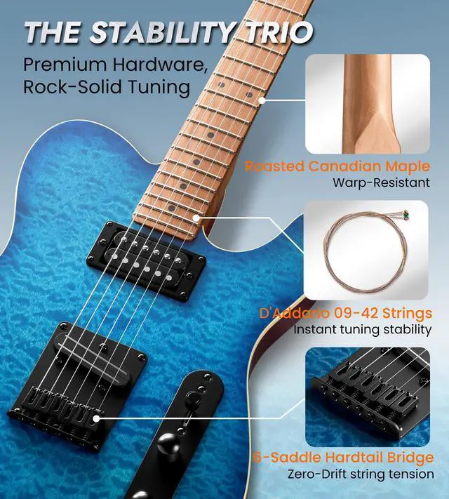 Alt view image 3 of 7 - Electric Guitar with Alnico V Pickups, Solid Body, Bahama Blue | Alnico V HH, Roasted Canadian Maple Neck, 3D Wave Finish. Pro-grade tone, rock-solid tuning & stunning visual. Premium kit