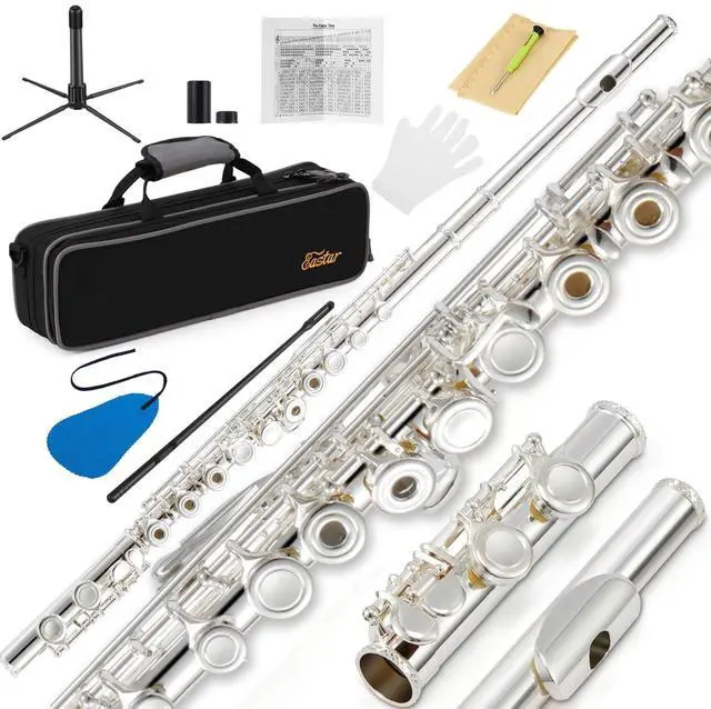Main image of Open Hole Flute C Key for Beginners, 16 Keys Offset G Split E Student Flute with Case, Fingering Chart, Stand, Cleaning Kit, Advanced Silver Plated, EFL-2