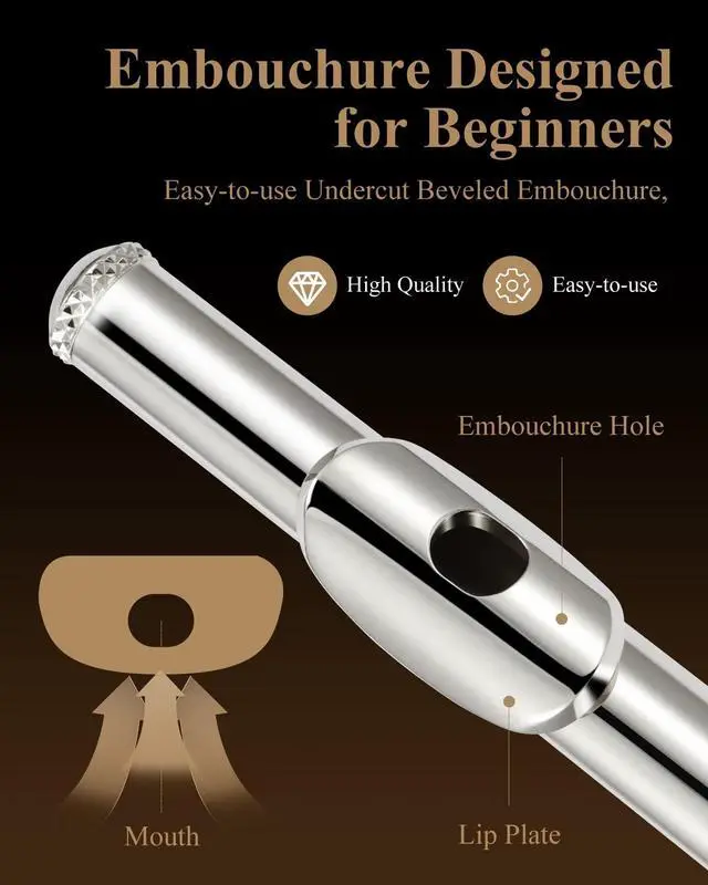 Alt view image 2 of 7 - Open Hole Flute C Key for Beginners, 16 Keys Offset G Split E Student Flute with Case, Fingering Chart, Stand, Cleaning Kit, Advanced Silver Plated, EFL-2