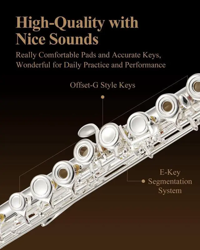 Alt view image 3 of 7 - Open Hole Flute C Key for Beginners, 16 Keys Offset G Split E Student Flute with Case, Fingering Chart, Stand, Cleaning Kit, Advanced Silver Plated, EFL-2