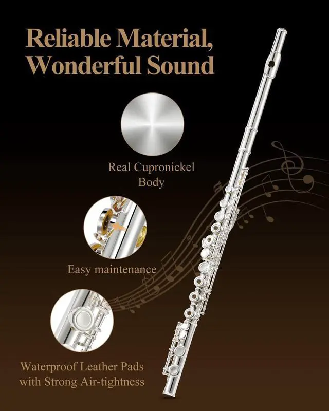 Alt view image 4 of 7 - Open Hole Flute C Key for Beginners, 16 Keys Offset G Split E Student Flute with Case, Fingering Chart, Stand, Cleaning Kit, Advanced Silver Plated, EFL-2