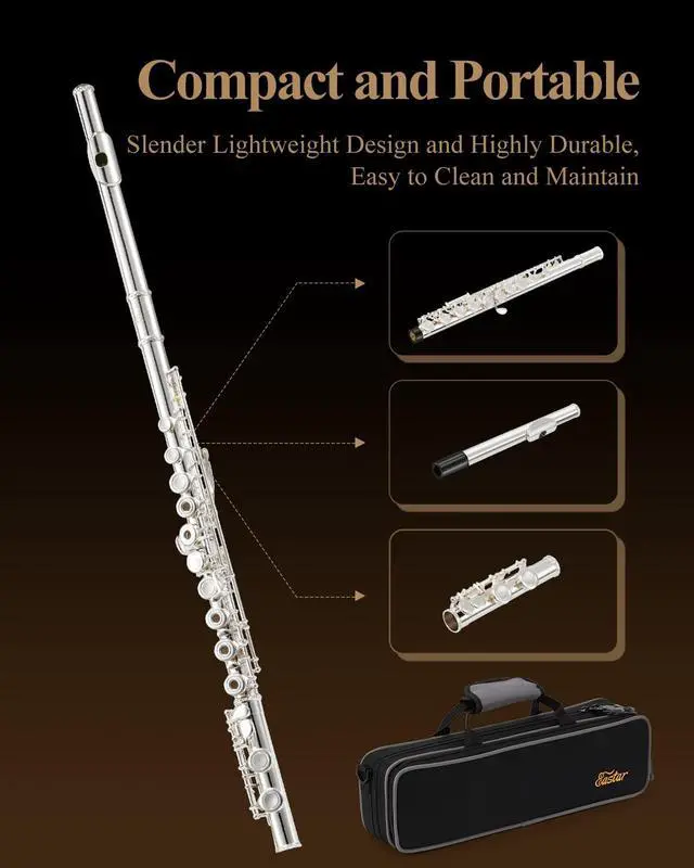 Alt view image 7 of 7 - Open Hole Flute C Key for Beginners, 16 Keys Offset G Split E Student Flute with Case, Fingering Chart, Stand, Cleaning Kit, Advanced Silver Plated, EFL-2