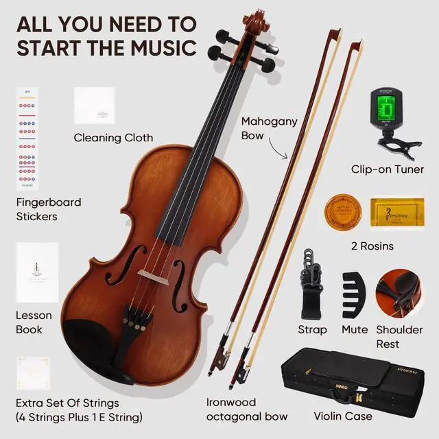 Alt view image 5 of 7 - Violin 4/4 Full Size Set, Fiddle Solid Wood Includes accessories