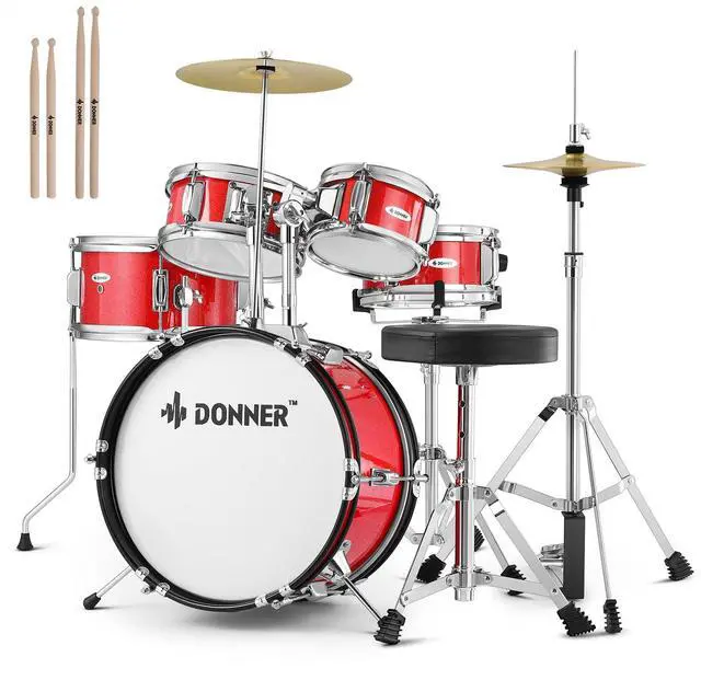 Main image of Kids Drum Sets 5-Piece for Beginners,14 inch Junior Drum Kit, with Adjustable Throne, Cymbal, Hi-Hat, Pedal & Drumstick-Red