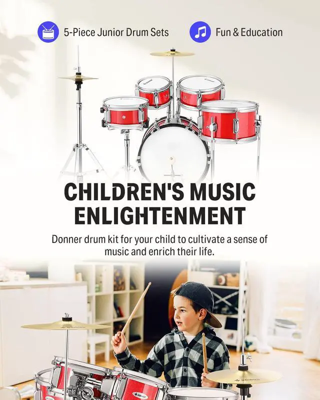 Alt view image 3 of 7 - Kids Drum Sets 5-Piece for Beginners,14 inch Junior Drum Kit, with Adjustable Throne, Cymbal, Hi-Hat, Pedal & Drumstick-Red