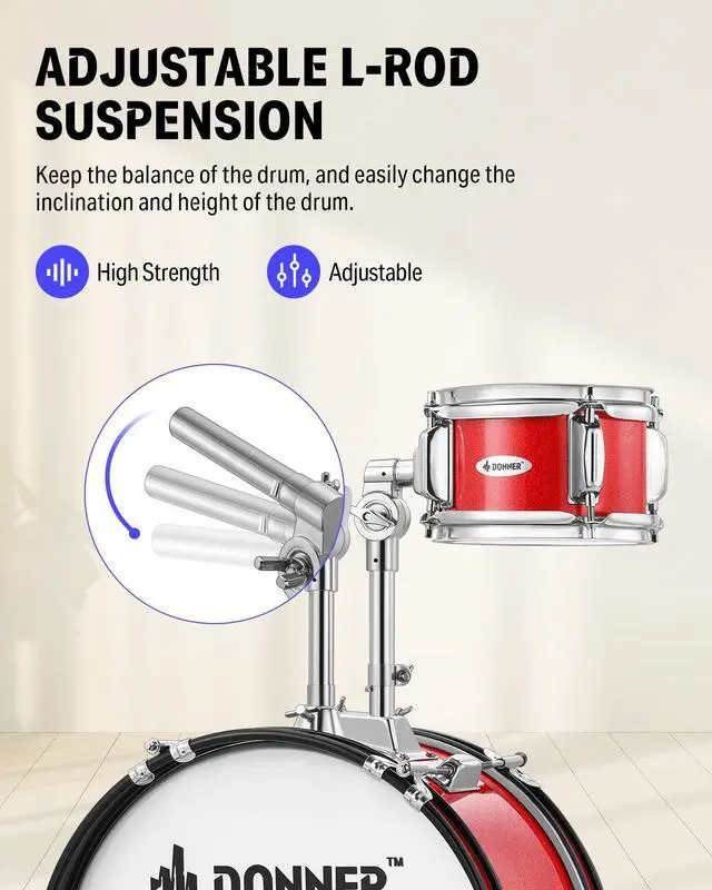 Alt view image 4 of 7 - Kids Drum Sets 5-Piece for Beginners,14 inch Junior Drum Kit, with Adjustable Throne, Cymbal, Hi-Hat, Pedal & Drumstick-Red